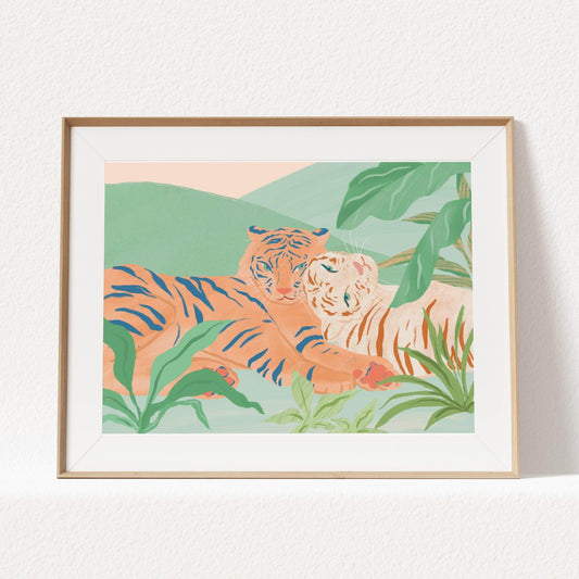 Illustration of two tigers relaxing in a peaceful moment with subtle colors – tranquil and serene animal art print for calming home decor