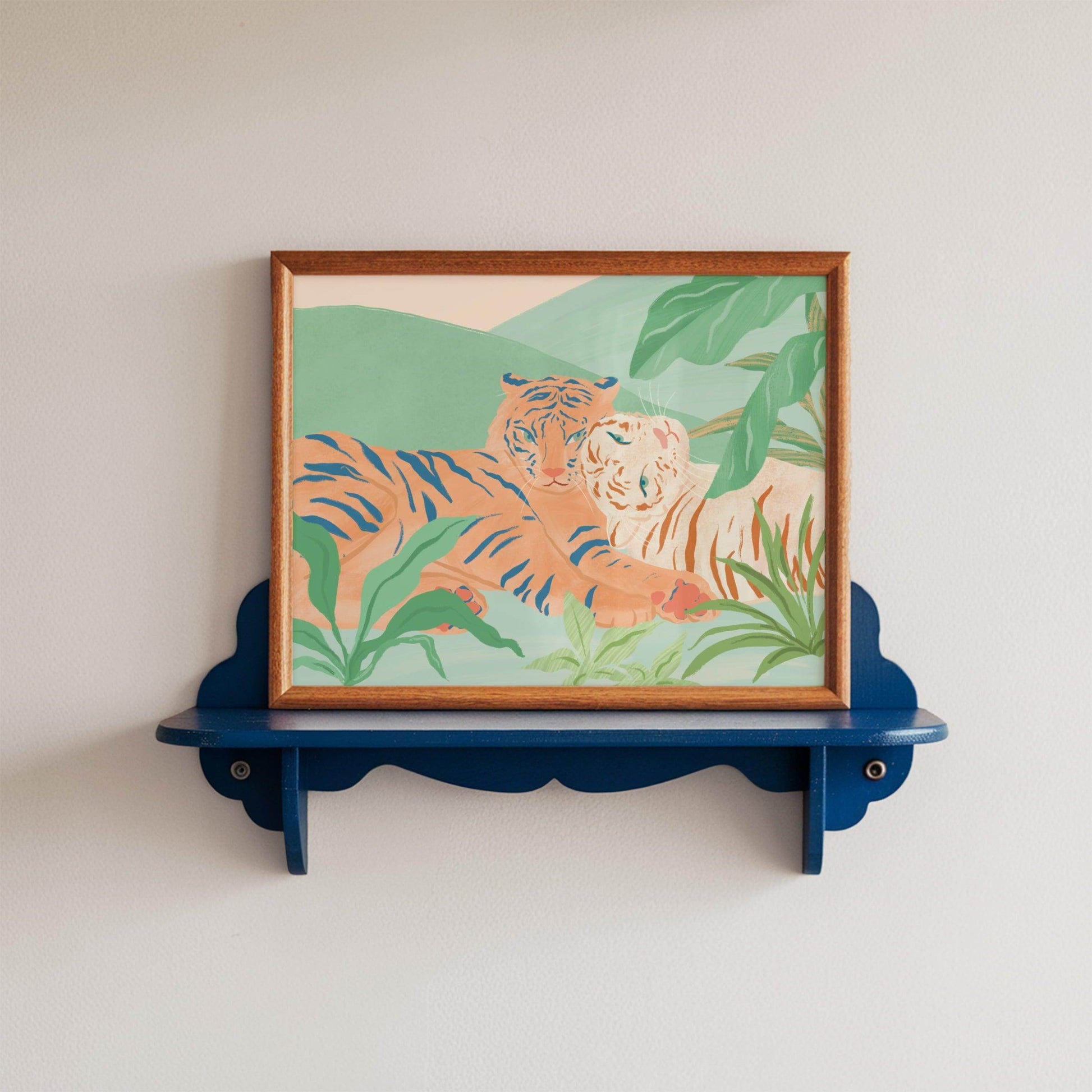 Illustration of a tiger and two mandarin ducks in a vibrant pink, red, and orange forest – bold and lively animal art print for modern home decor