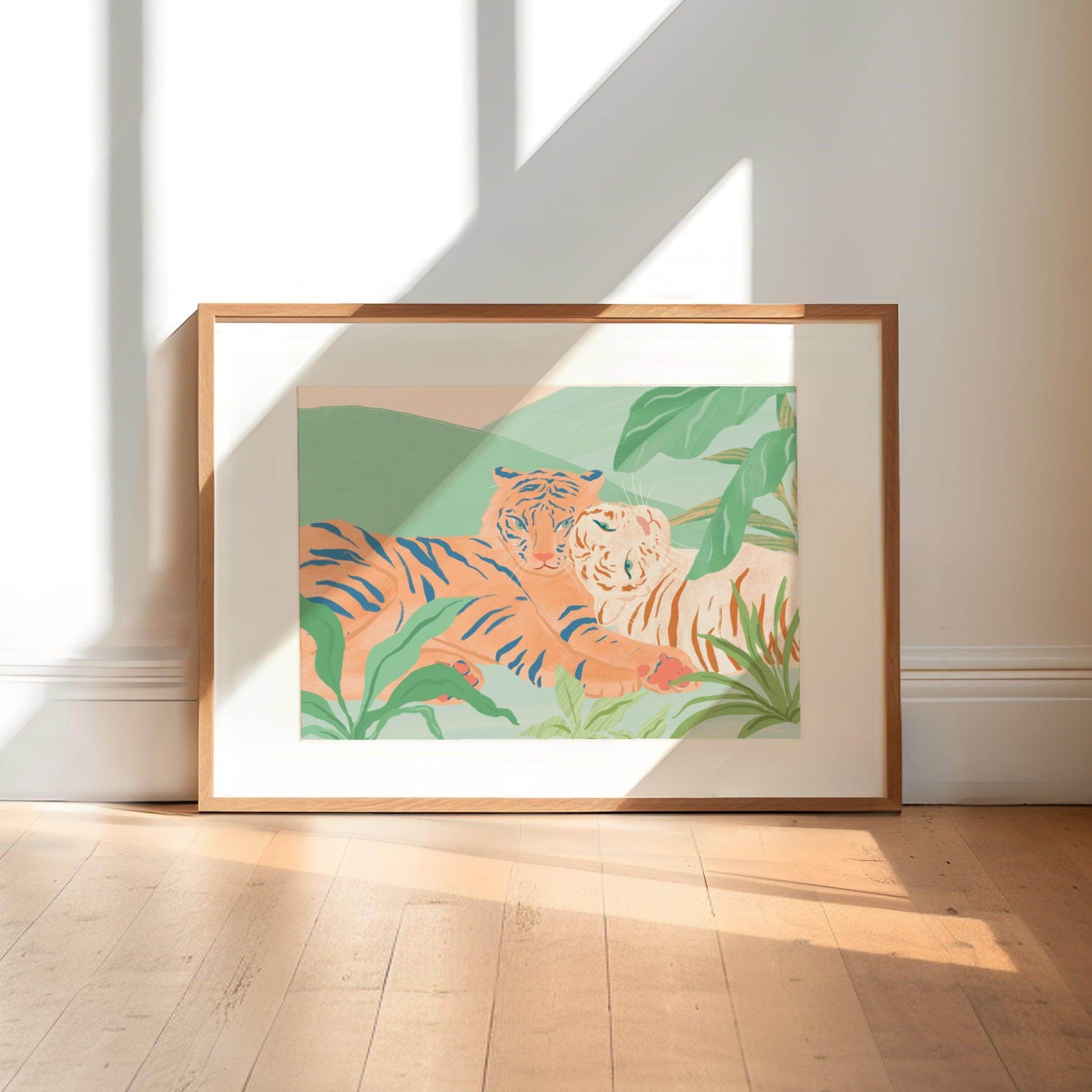 Illustration of two tigers relaxing in a peaceful moment with subtle colors – tranquil and serene animal art print for calming home decor