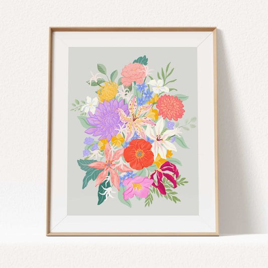 Vibrant botanical wall art with whimsical tropical flowers, bold colors, and loose painterly brushstrokes.