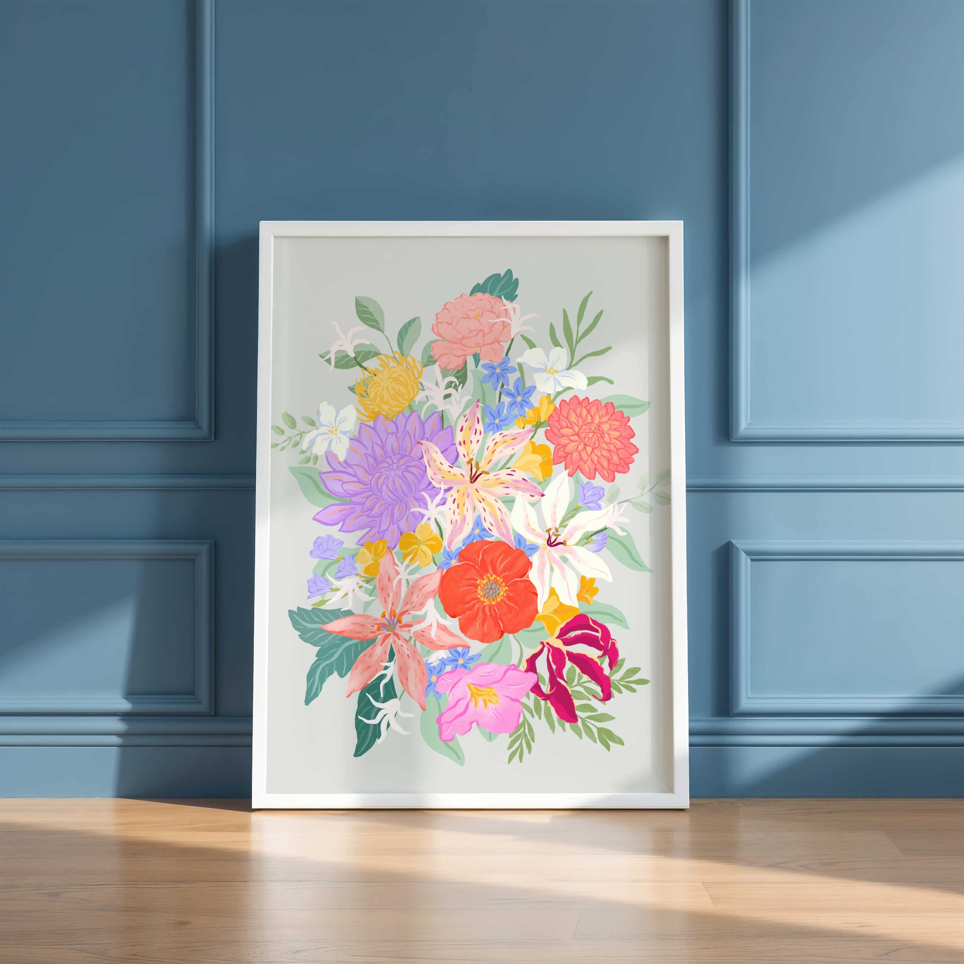 Colorful exotic floral art print featuring vibrant tropical-inspired flowers painted in a playful, expressive style.