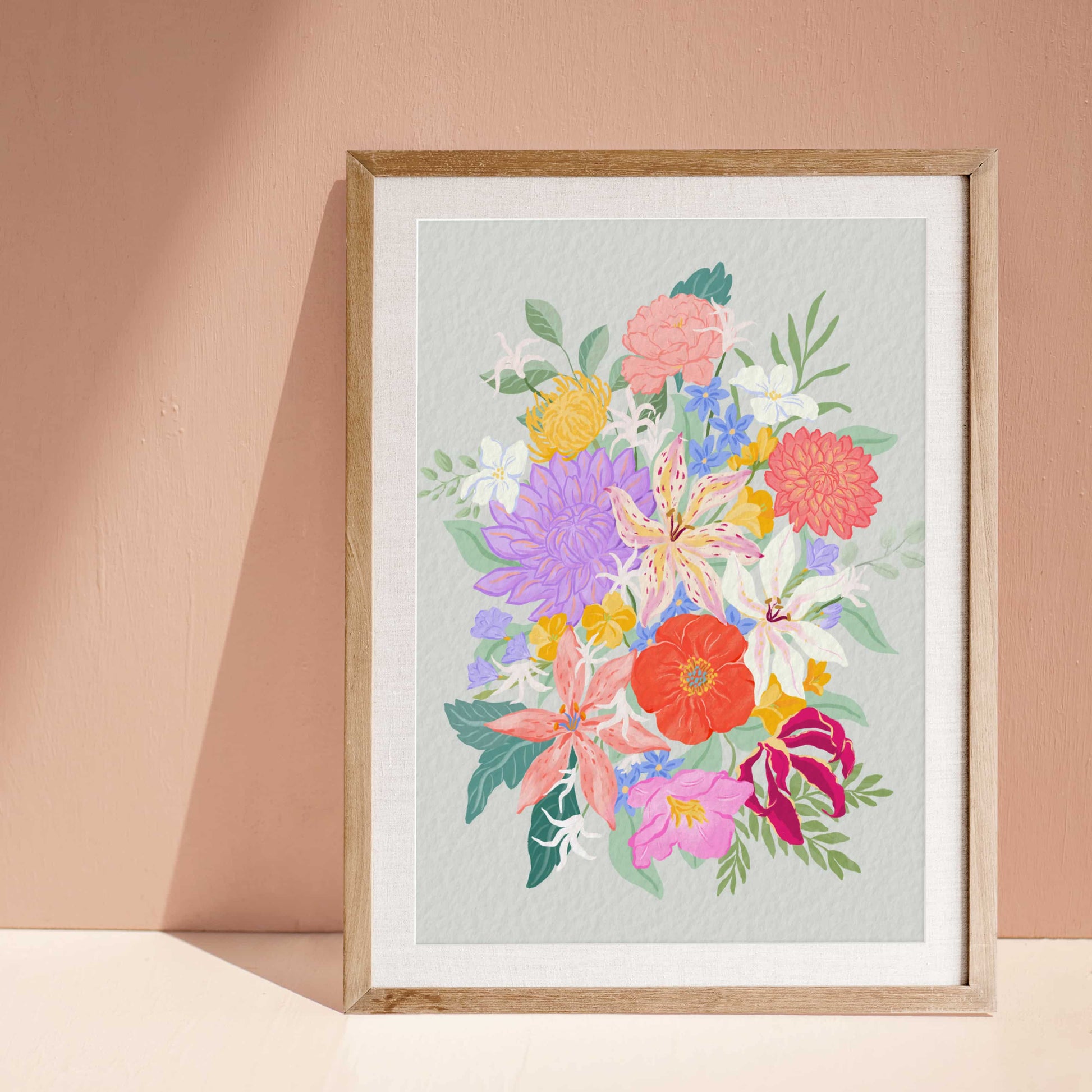 Colorful exotic floral art print featuring vibrant tropical-inspired flowers painted in a playful, expressive style.