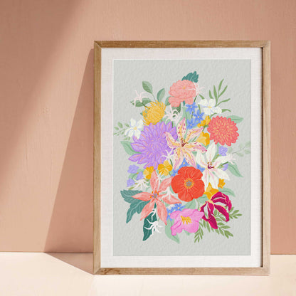 Colorful exotic floral art print featuring vibrant tropical-inspired flowers painted in a playful, expressive style.