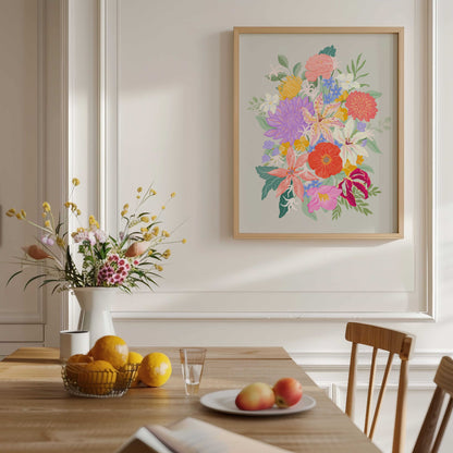 Expressive floral illustration featuring colorful tropical blooms arranged in a modern, abstract botanical composition.
