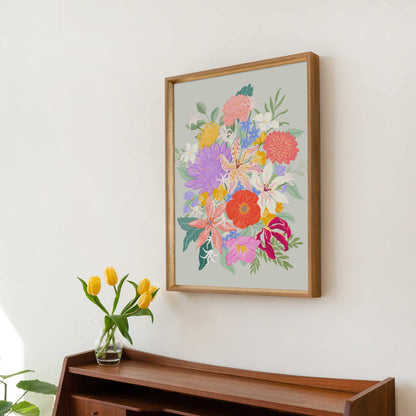 Expressive floral illustration featuring colorful tropical blooms arranged in a modern, abstract botanical composition.