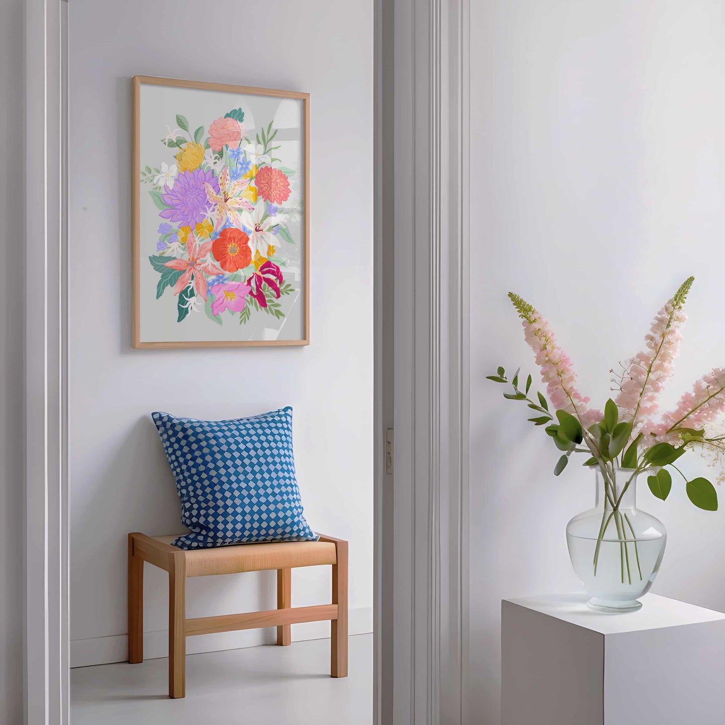 Colorful tropical floral artwork with bold petals, whimsical shapes, and vibrant botanical details.