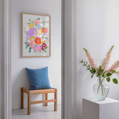 Colorful tropical floral artwork with bold petals, whimsical shapes, and vibrant botanical details.