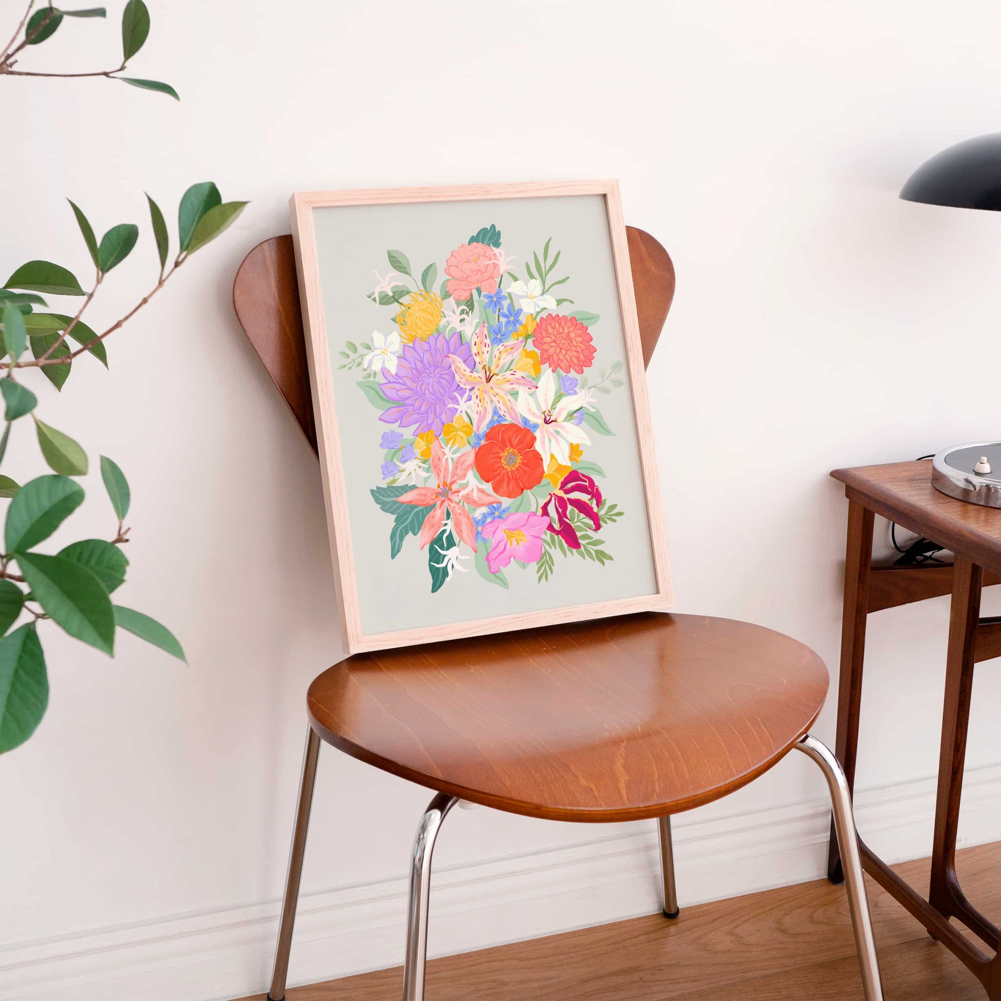 Colorful tropical floral artwork with bold petals, whimsical shapes, and vibrant botanical details.