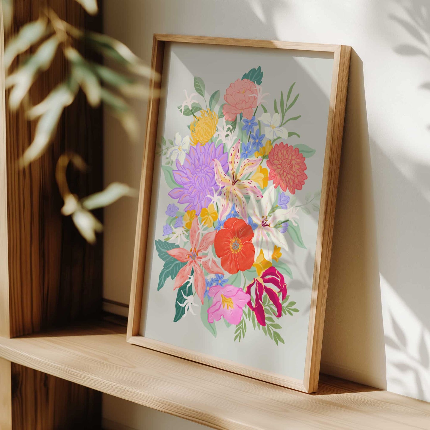 Vibrant botanical wall art with whimsical tropical flowers, bold colors, and loose painterly brushstrokes.