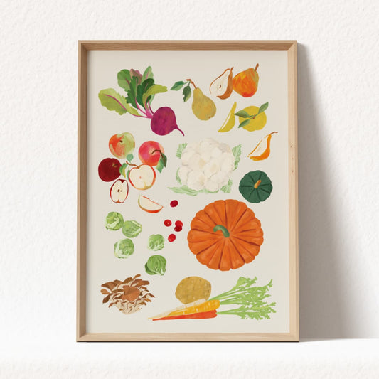 art print featuring fall vegetables and fruits  by sun lee
