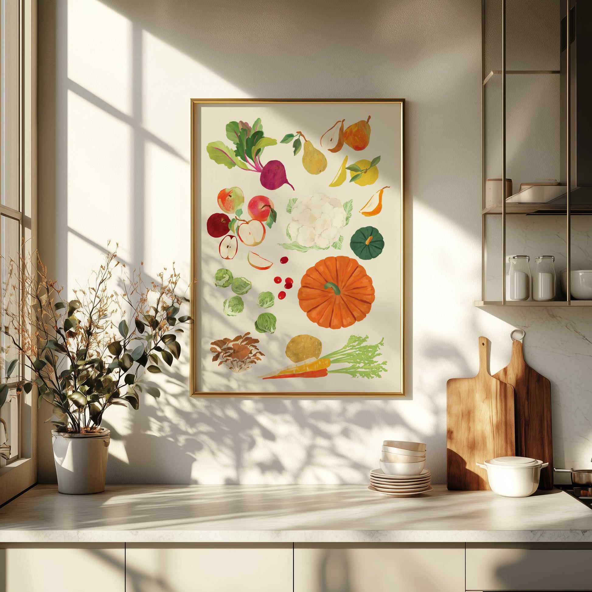 art print featuring fall vegetables and fruits  by sun lee