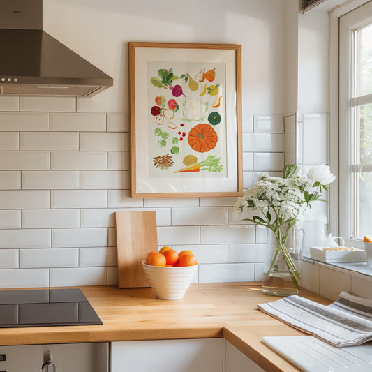 art print featuring fall vegetables and fruits  by sun lee