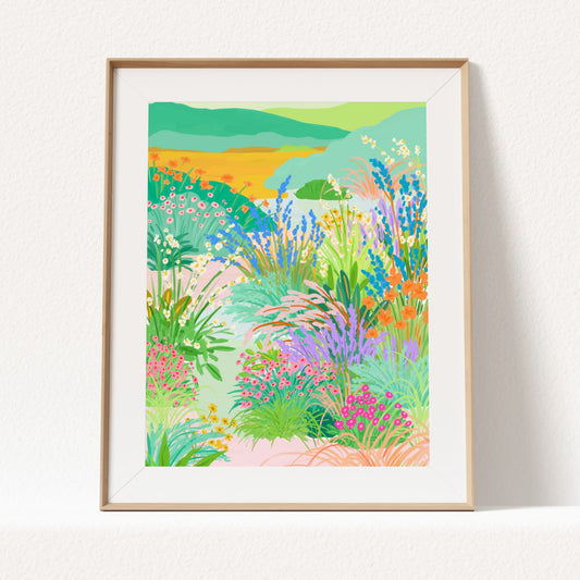 Colorful flower garden illustration with a curvy path, blooming flowers, and distant hills in the background – titled "Floral Serenade"