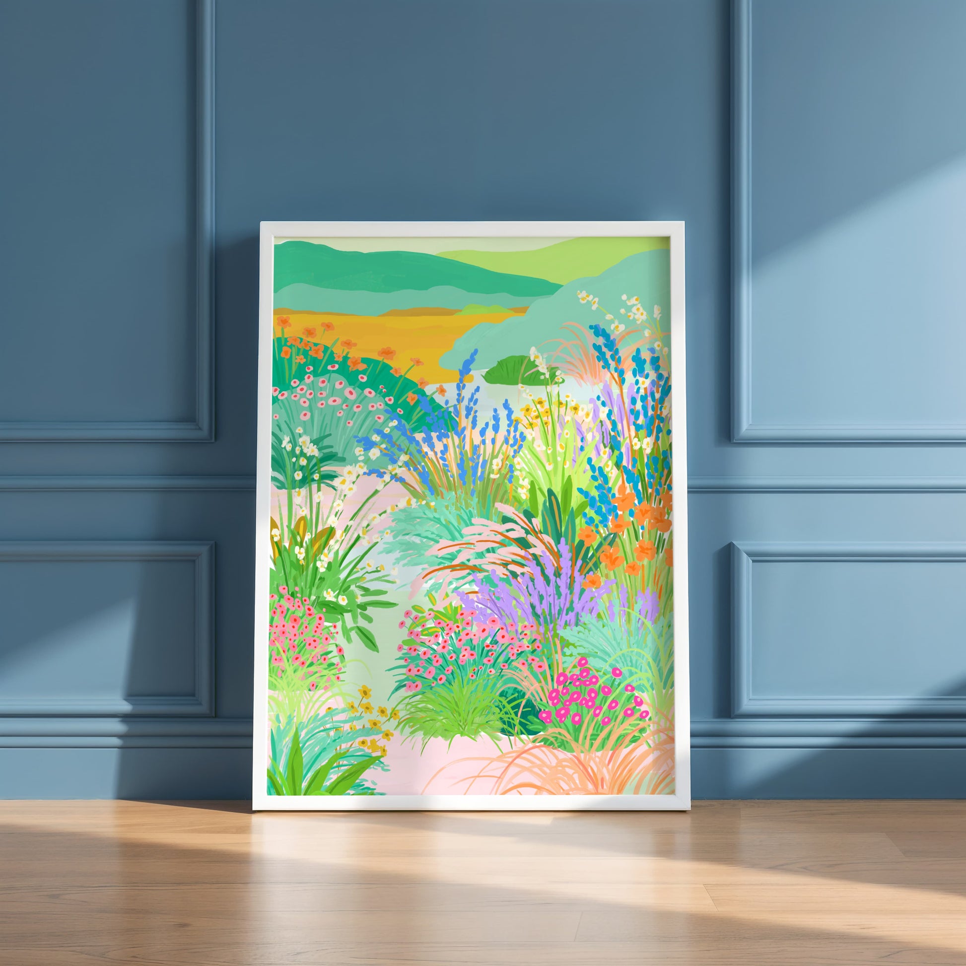 Colorful flower garden illustration with a curvy path, blooming flowers, and distant hills in the background – titled "Floral Serenade"
