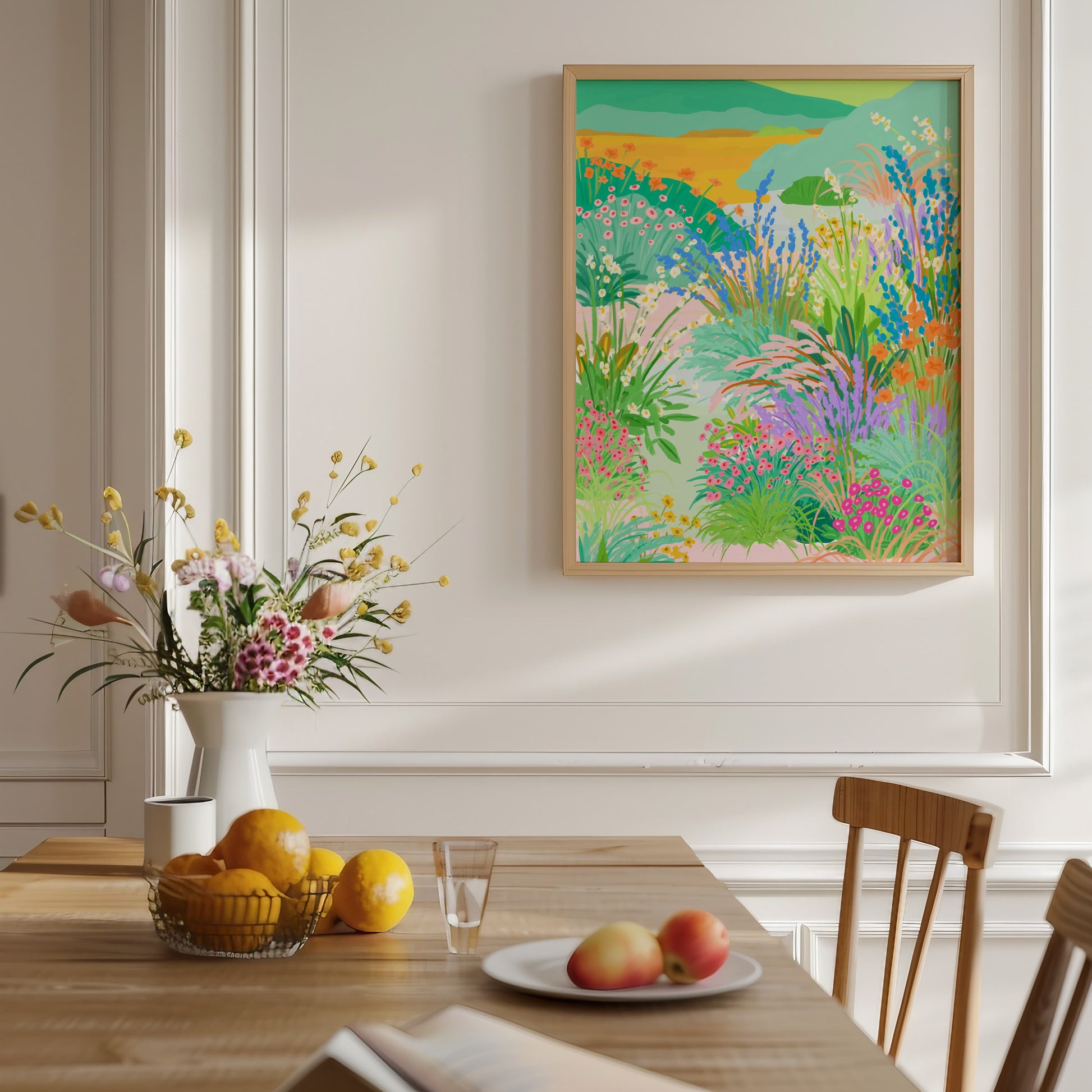 Colorful flower garden illustration with a curvy path, blooming flowers, and distant hills in the background – titled "Floral Serenade"