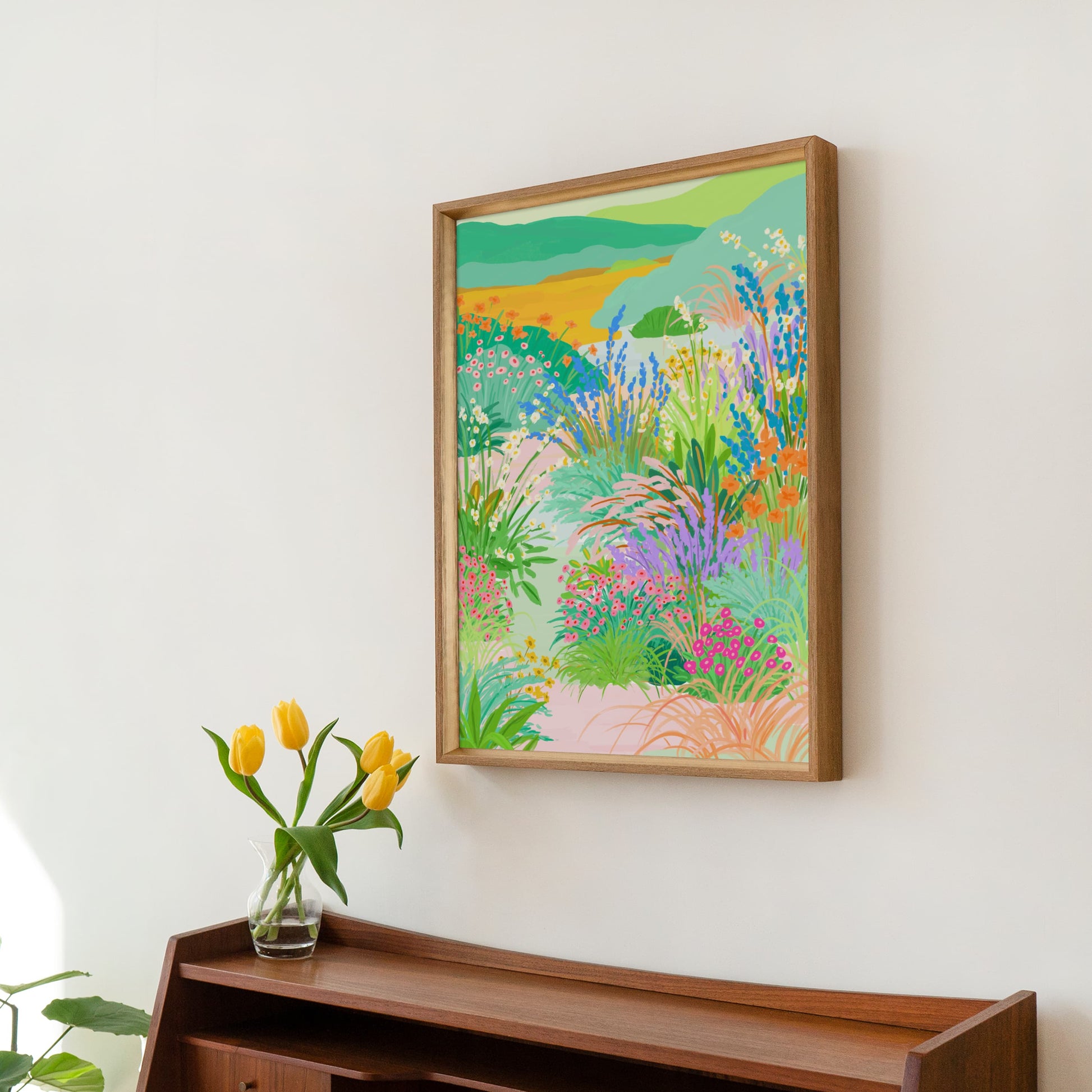 Colorful flower garden illustration with a curvy path, blooming flowers, and distant hills in the background – titled "Floral Serenade"