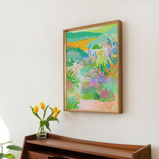 Colorful flower garden illustration with a curvy path, blooming flowers, and distant hills in the background – titled "Floral Serenade"