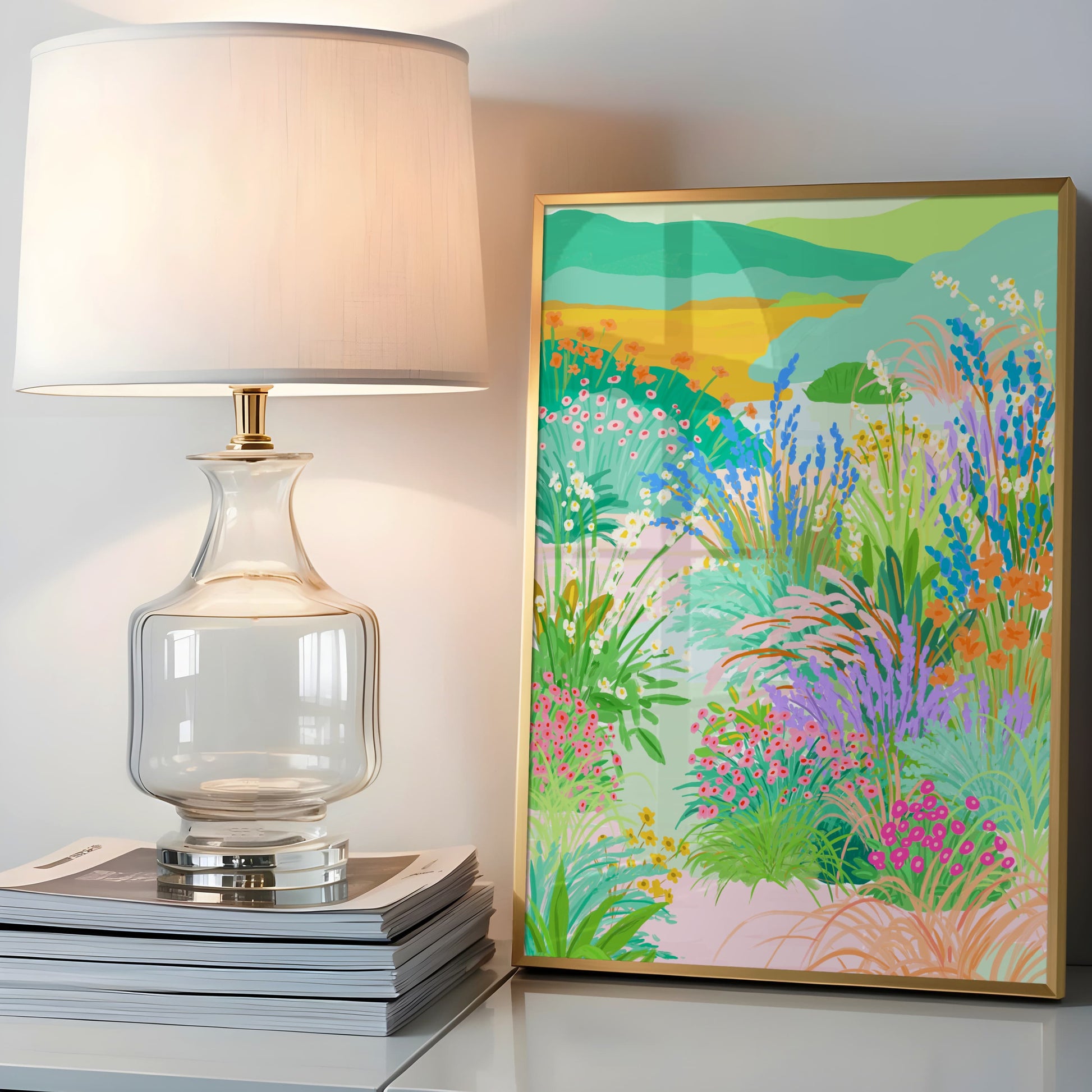 Colorful flower garden illustration with a curvy path, blooming flowers, and distant hills in the background – titled "Floral Serenade"