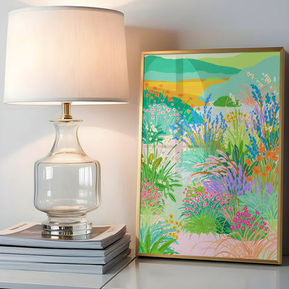 Colorful flower garden illustration with a curvy path, blooming flowers, and distant hills in the background – titled "Floral Serenade"