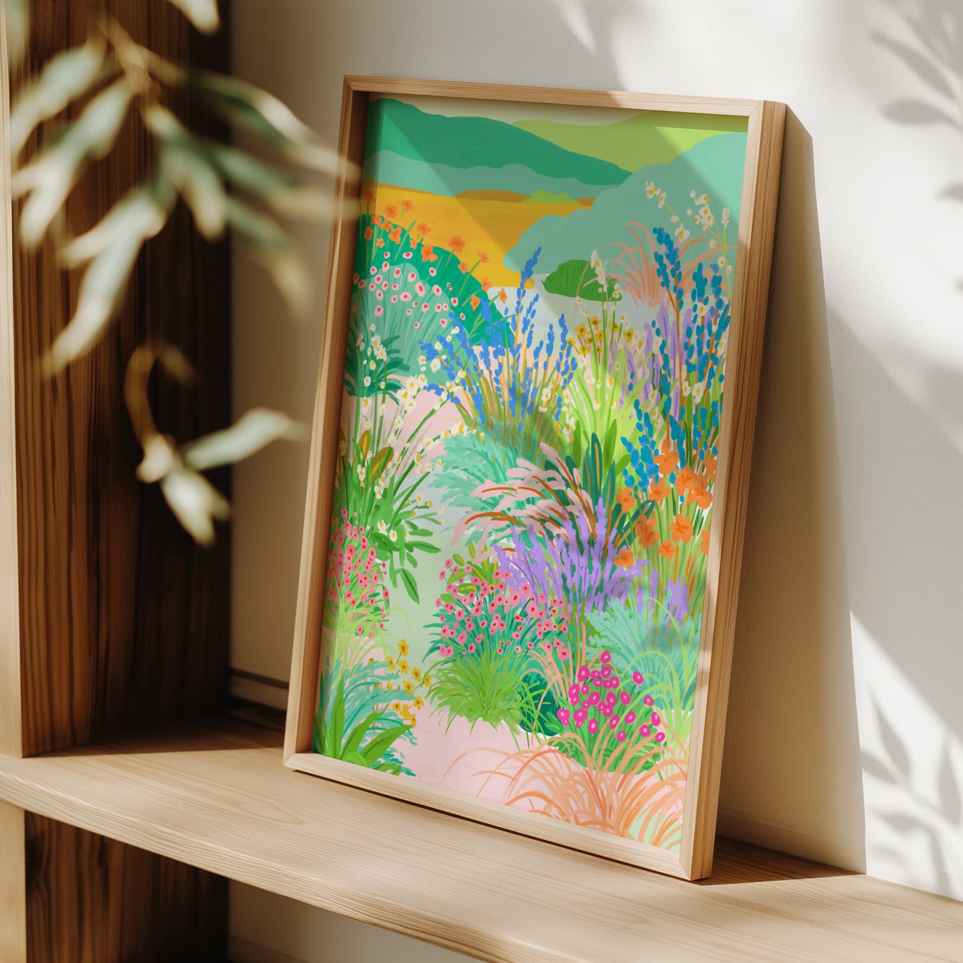 Colorful flower garden illustration with a curvy path, blooming flowers, and distant hills in the background – titled "Floral Serenade"