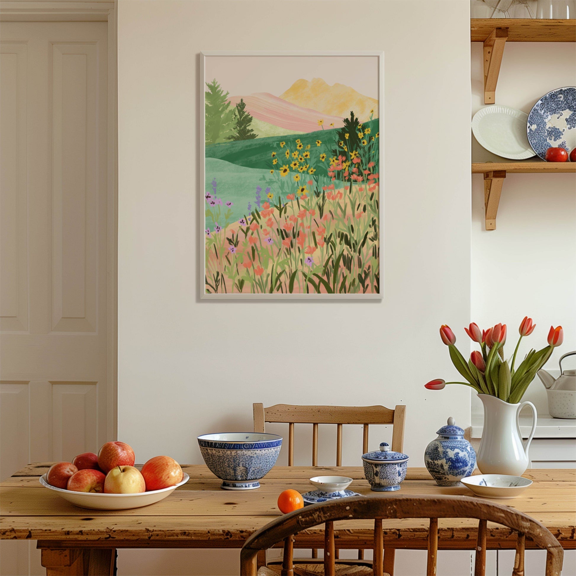 Peaceful illustration inspired by a flower-filled meadow – soft colors and organic textures in a serene nature art print for calming home decor