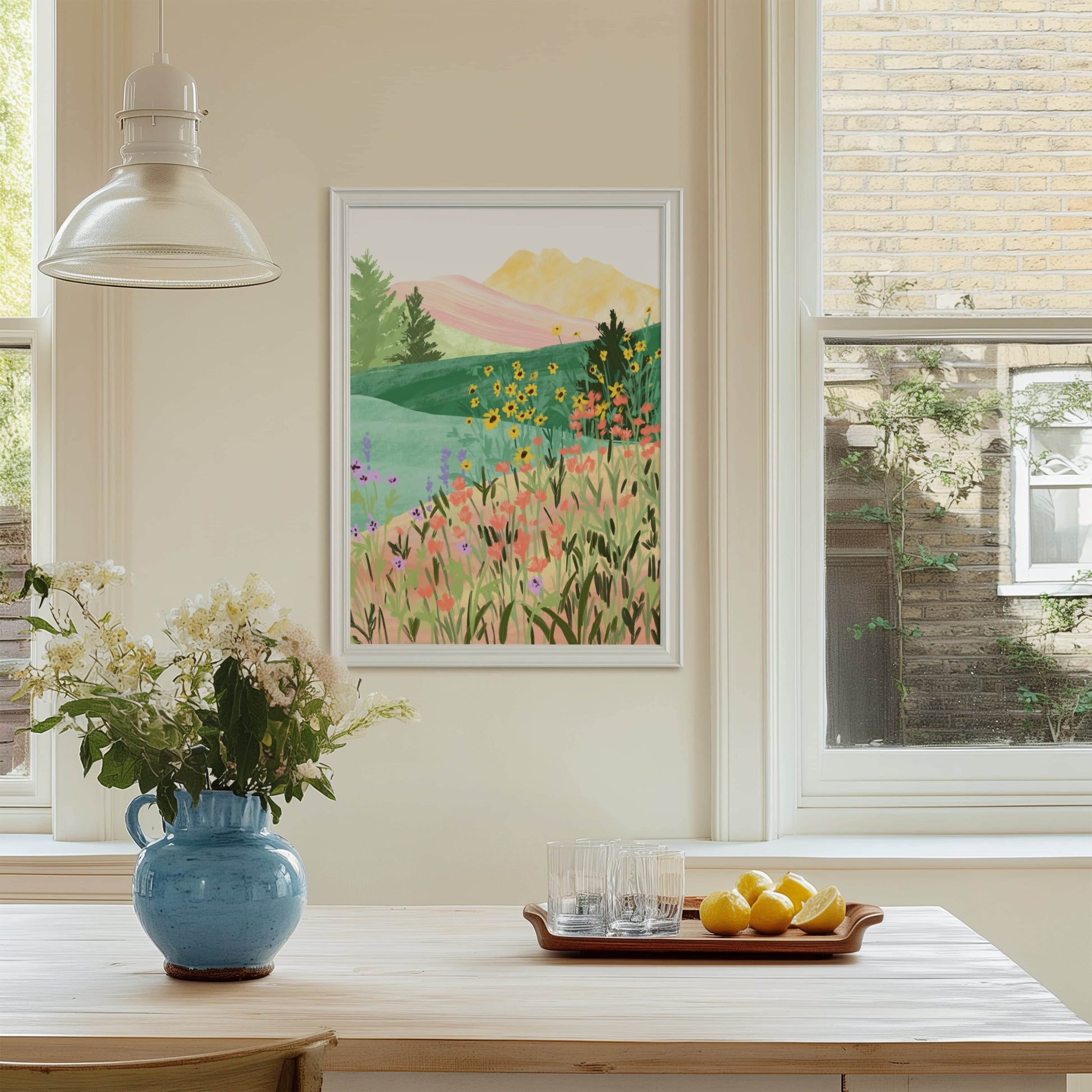Peaceful illustration inspired by a flower-filled meadow – soft colors and organic textures in a serene nature art print for calming home decor