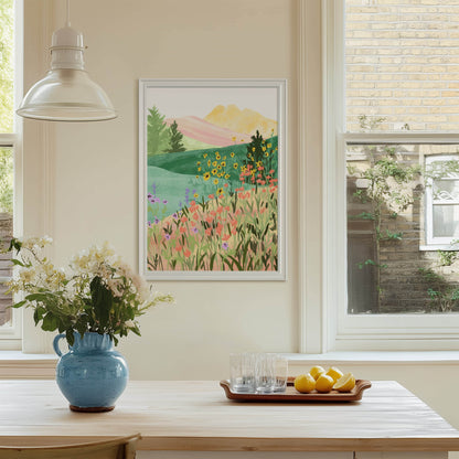 Peaceful illustration inspired by a flower-filled meadow – soft colors and organic textures in a serene nature art print for calming home decor