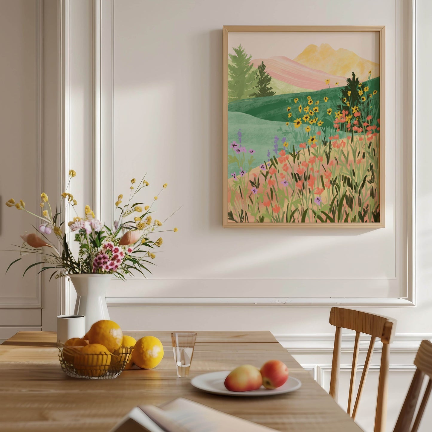 Peaceful illustration inspired by a flower-filled meadow – soft colors and organic textures in a serene nature art print for calming home decor