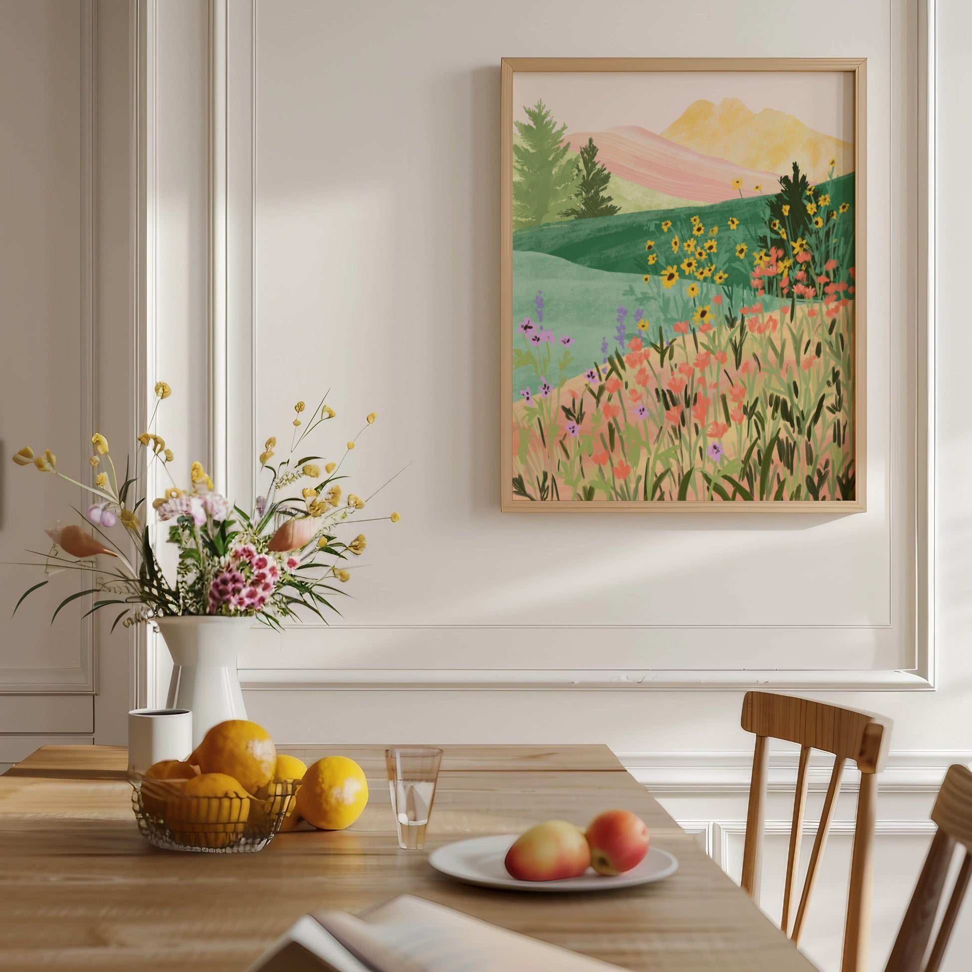 Peaceful illustration inspired by a flower-filled meadow – soft colors and organic textures in a serene nature art print for calming home decor