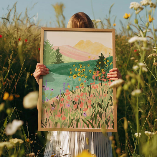 Peaceful illustration inspired by a flower-filled meadow – soft colors and organic textures in a serene nature art print for calming home decor