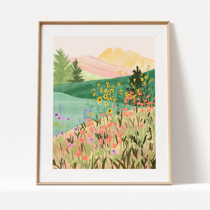 Peaceful illustration inspired by a flower-filled meadow – soft colors and organic textures in a serene nature art print for calming home decor