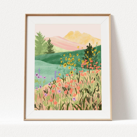 Peaceful illustration inspired by a flower-filled meadow – soft colors and organic textures in a serene nature art print for calming home decor