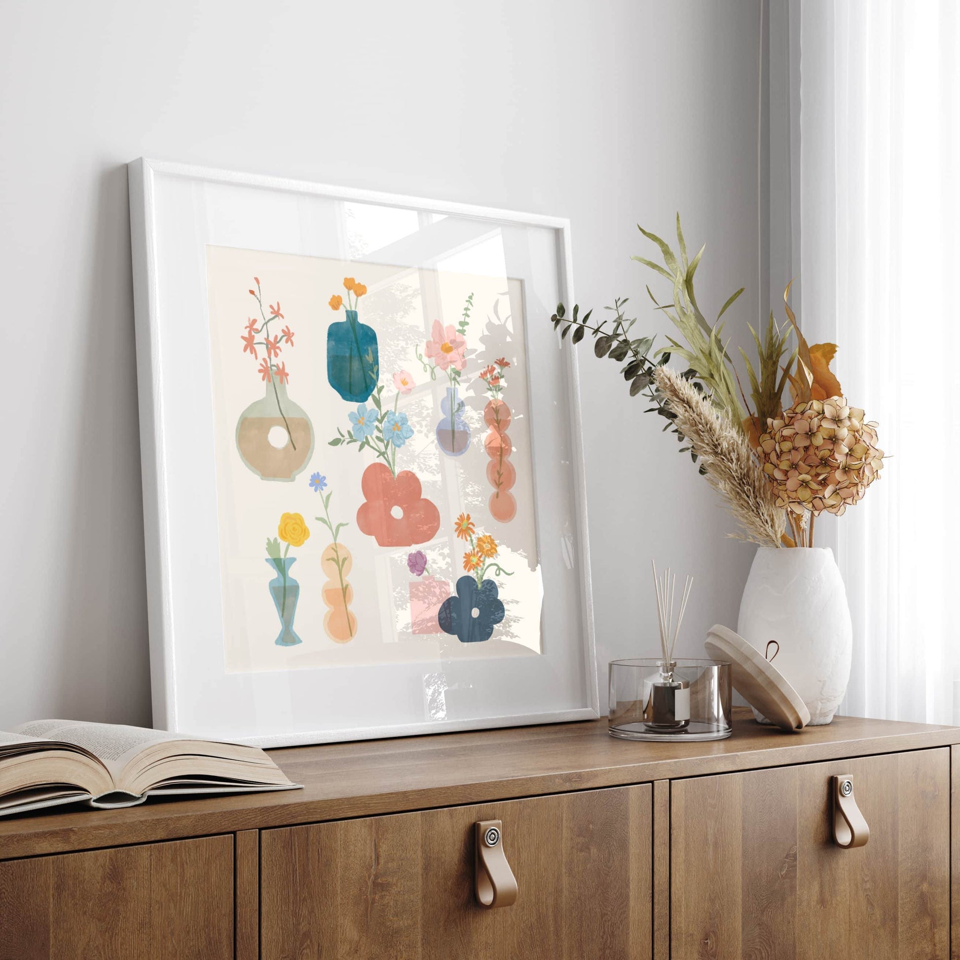 Art print featuring a playful collection of whimsical flower vases and blooms – unique shapes and soft textures in a charming floral design for creative home decor