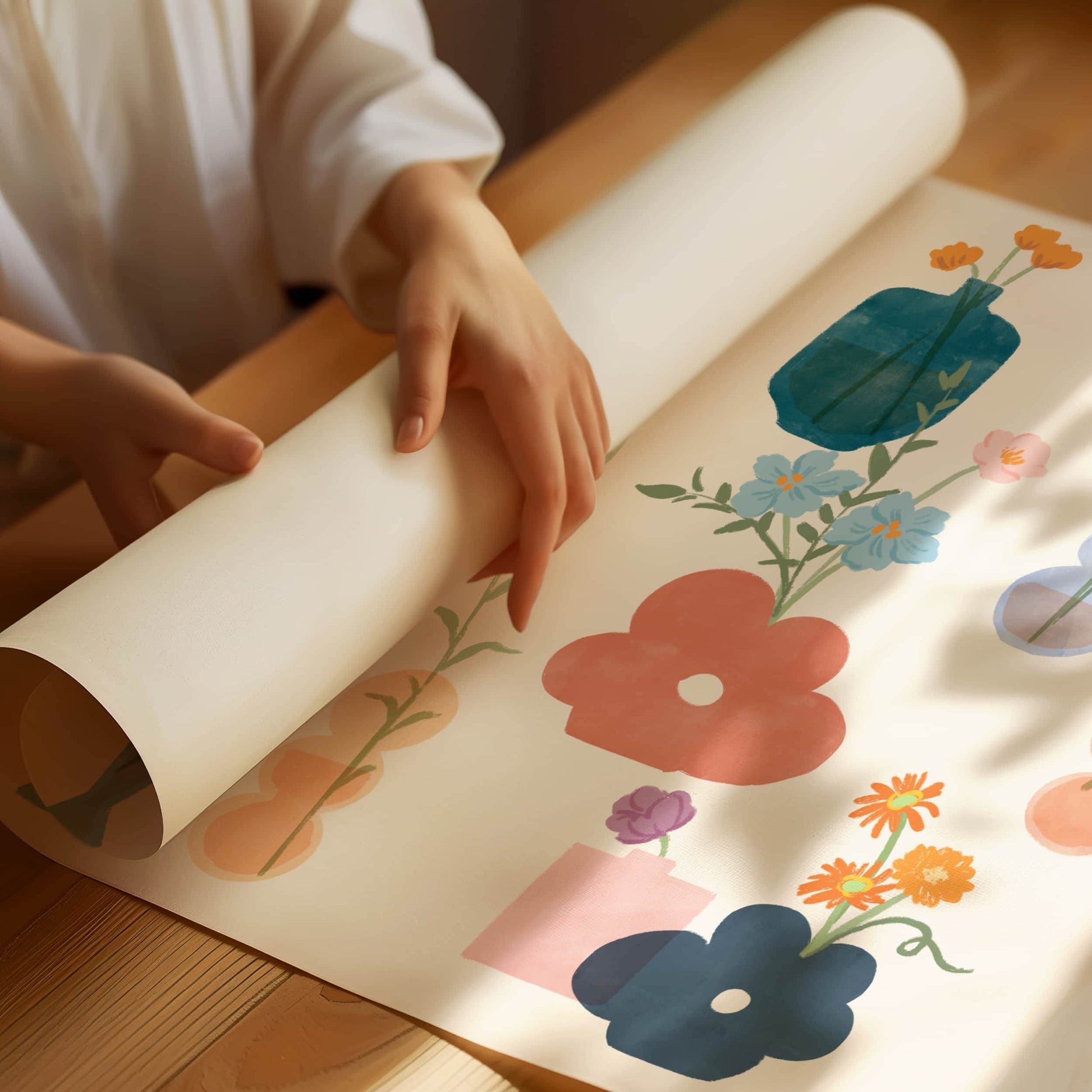 Art print featuring a playful collection of whimsical flower vases and blooms – unique shapes and soft textures in a charming floral design for creative home decor