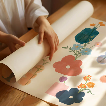 Art print featuring a playful collection of whimsical flower vases and blooms – unique shapes and soft textures in a charming floral design for creative home decor