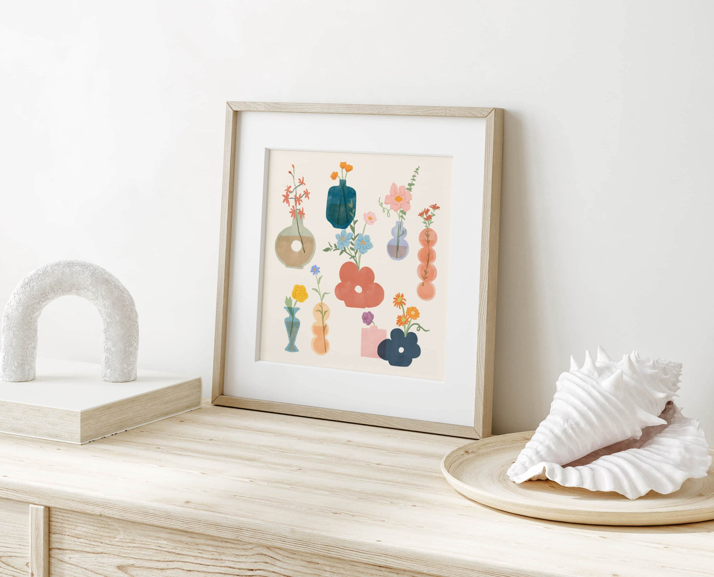 Art print featuring a playful collection of whimsical flower vases and blooms – unique shapes and soft textures in a charming floral design for creative home decor