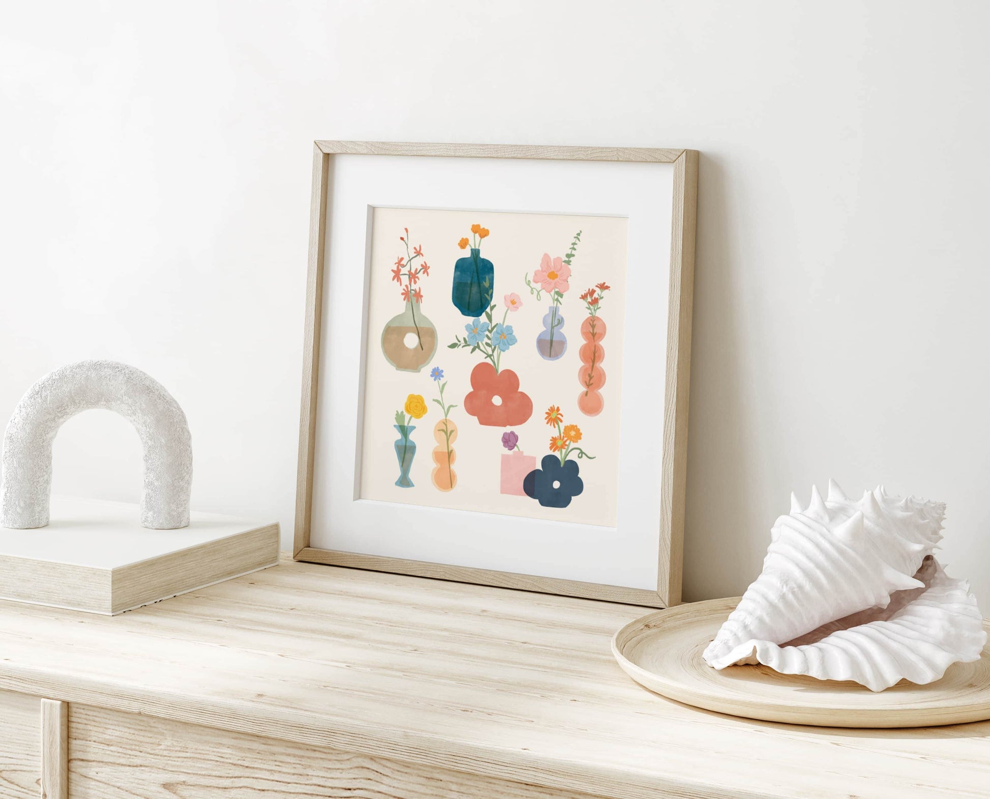Art print featuring a playful collection of whimsical flower vases and blooms – unique shapes and soft textures in a charming floral design for creative home decor