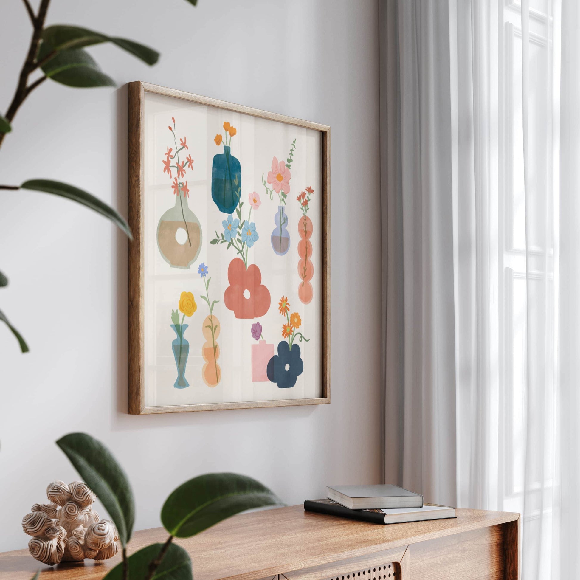 Art print featuring a playful collection of whimsical flower vases and blooms – unique shapes and soft textures in a charming floral design for creative home decor