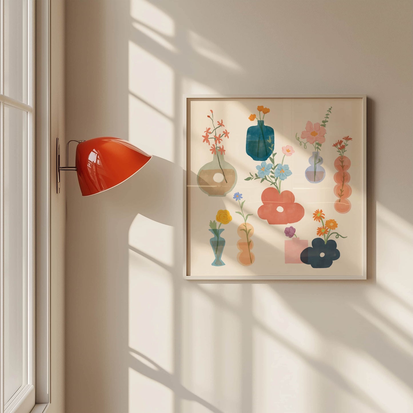 Art print featuring a playful collection of whimsical flower vases and blooms – unique shapes and soft textures in a charming floral design for creative home decor