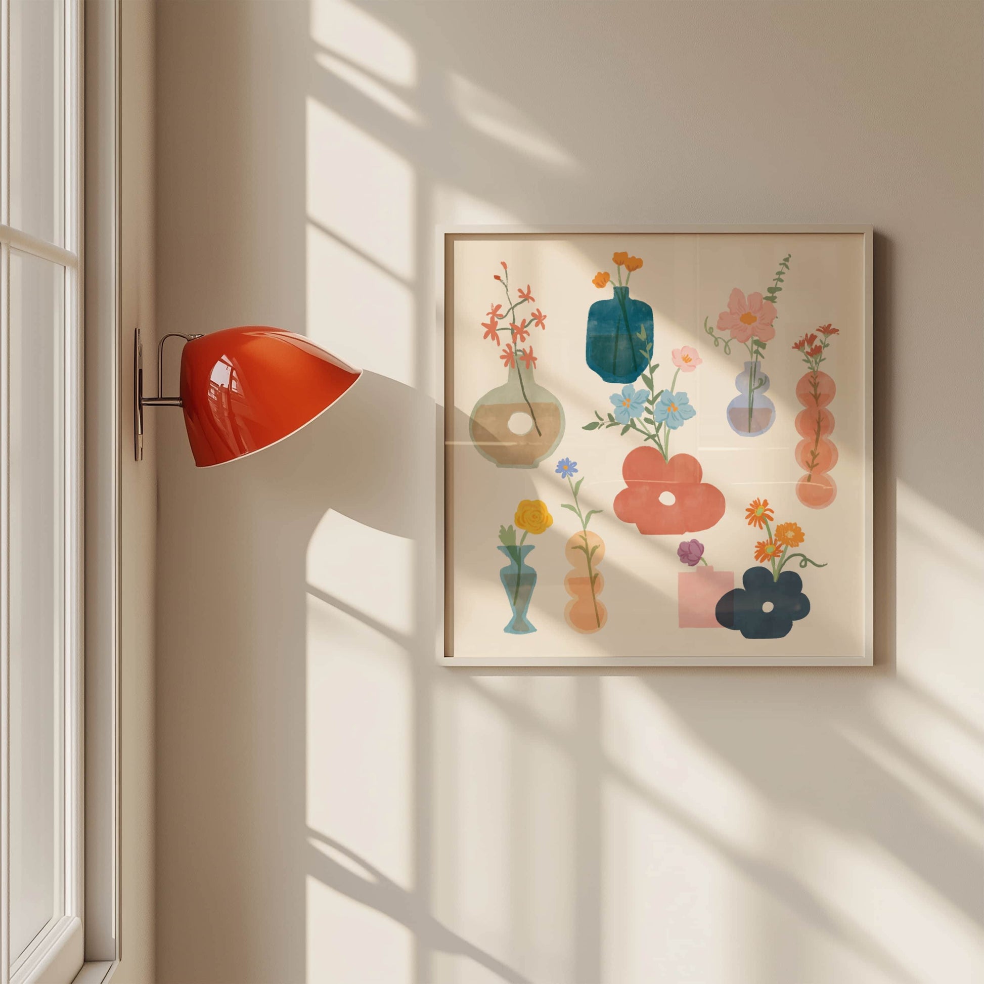 Art print featuring a playful collection of whimsical flower vases and blooms – unique shapes and soft textures in a charming floral design for creative home decor