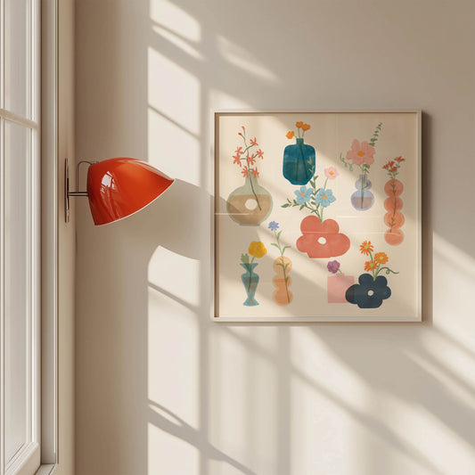 Art print featuring a playful collection of whimsical flower vases and blooms – unique shapes and soft textures in a charming floral design for creative home decor