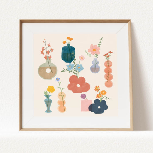 Art print featuring a playful collection of whimsical flower vases and blooms – unique shapes and soft textures in a charming floral design for creative home decor