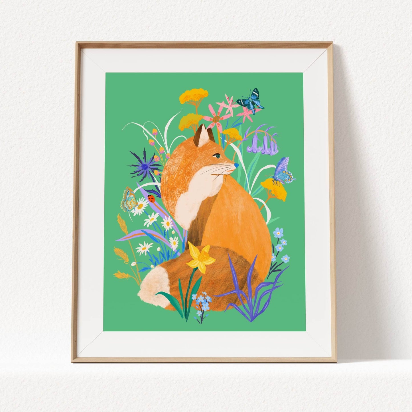 Vibrant illustration of a woodland fox surrounded by delicate florals – colorful and whimsical animal art print for nurseries, kids' rooms, and nature-inspired home decor