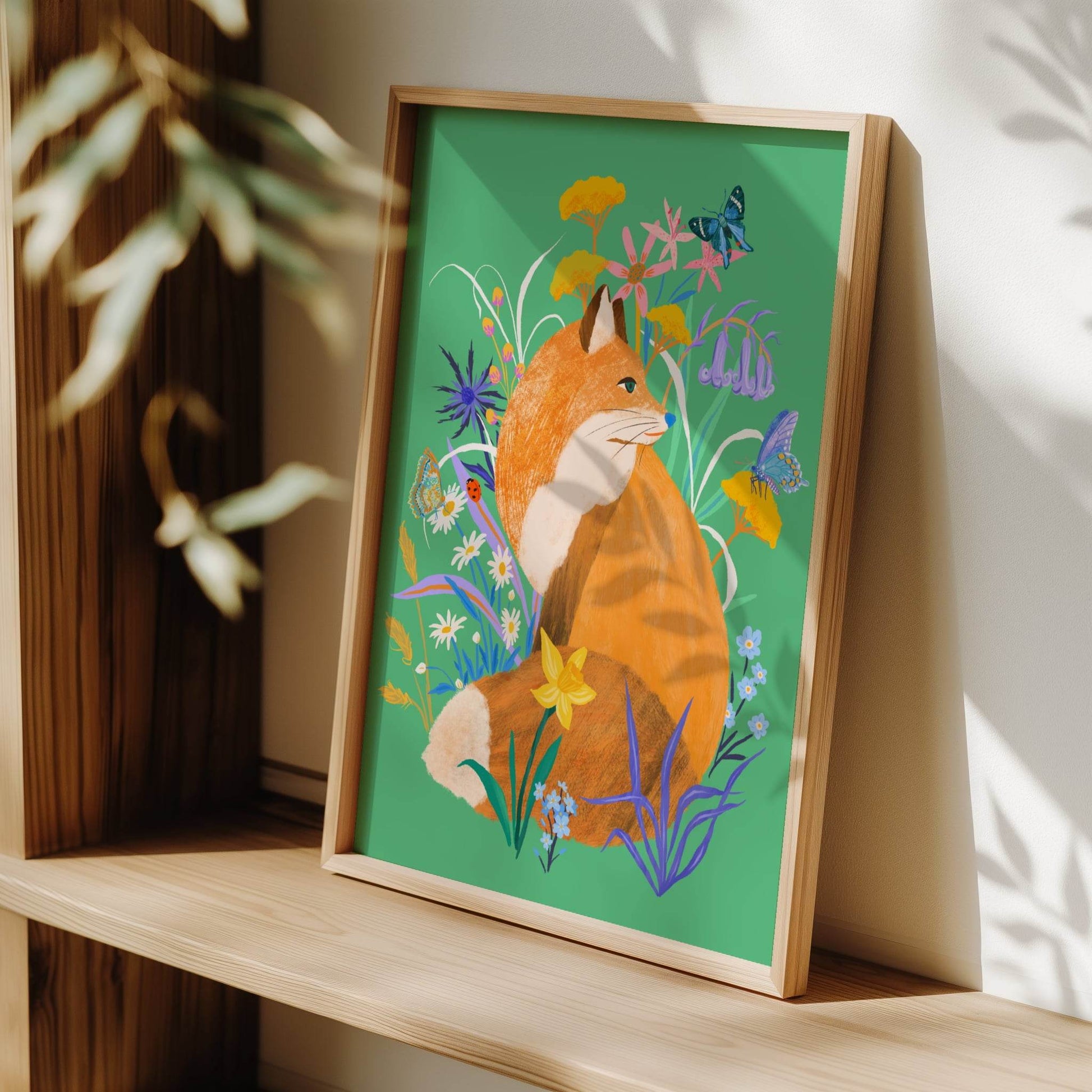 Vibrant illustration of a woodland fox surrounded by delicate florals – colorful and whimsical animal art print for nurseries, kids' rooms, and nature-inspired home decor