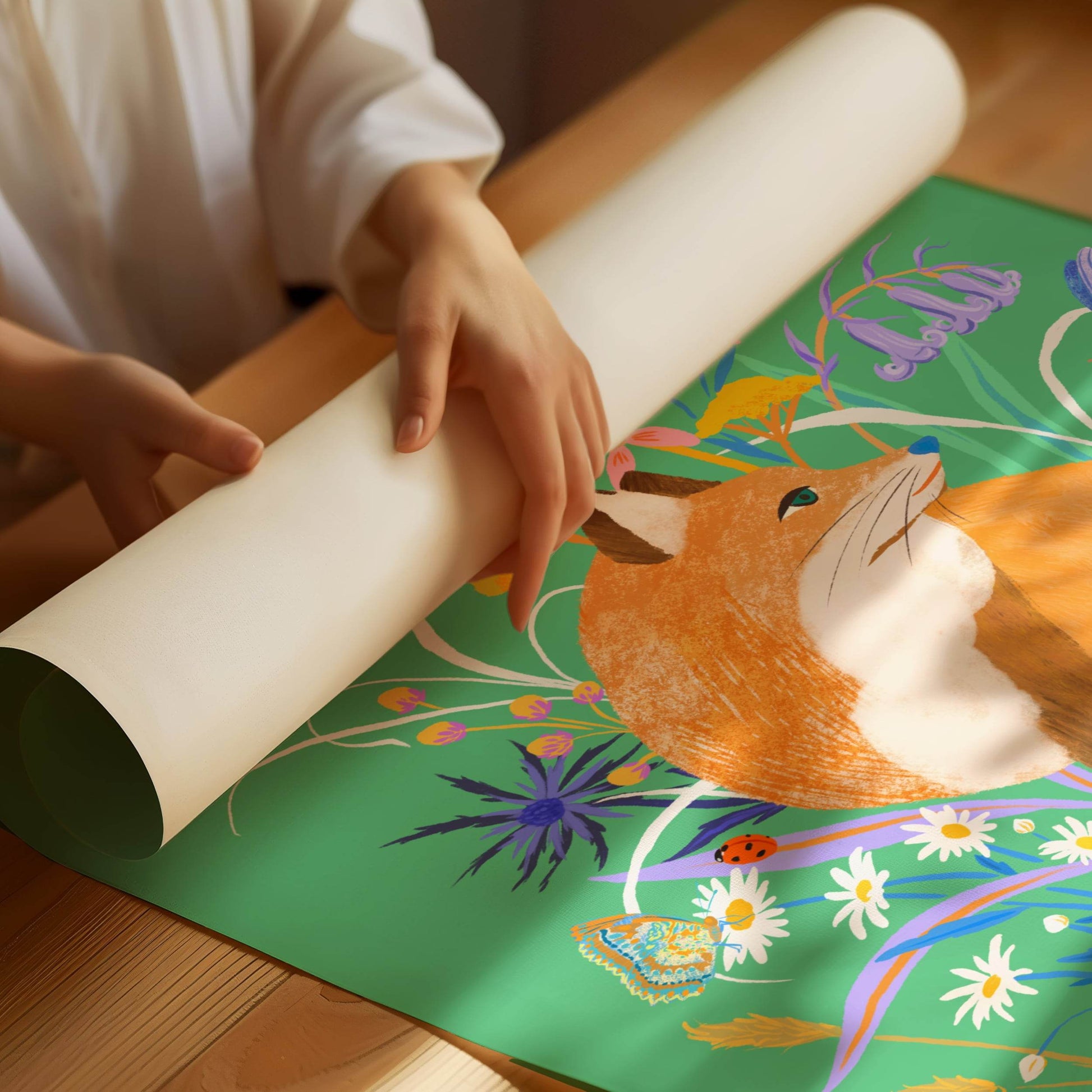 Vibrant illustration of a woodland fox surrounded by delicate florals – colorful and whimsical animal art print for nurseries, kids' rooms, and nature-inspired home decor