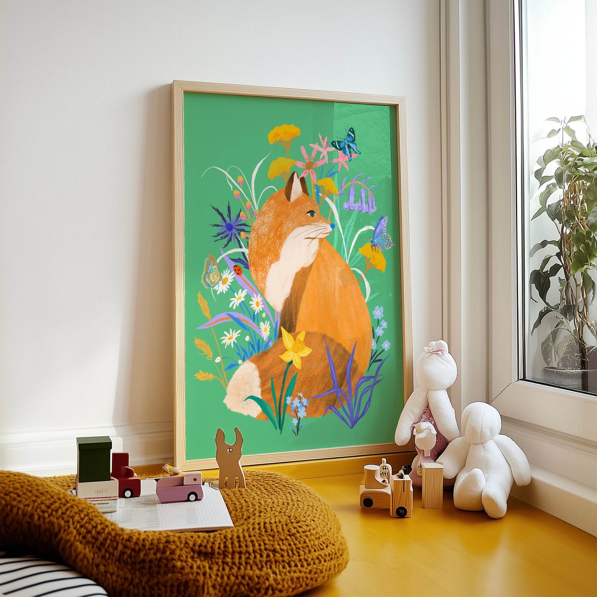 Vibrant illustration of a woodland fox surrounded by delicate florals – colorful and whimsical animal art print for nurseries, kids' rooms, and nature-inspired home decor