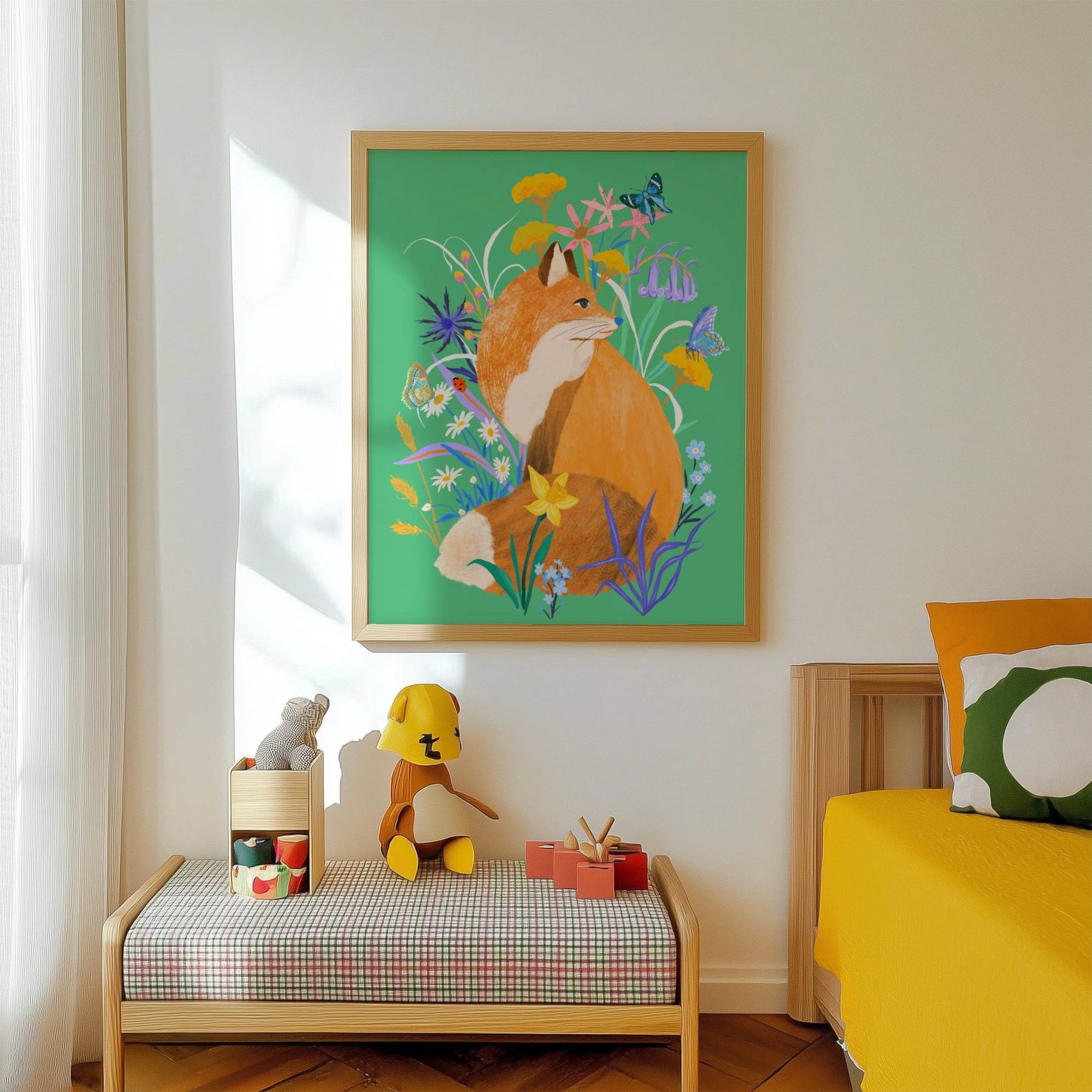 Vibrant illustration of a woodland fox surrounded by delicate florals – colorful and whimsical animal art print for nurseries, and kids' rooms.
