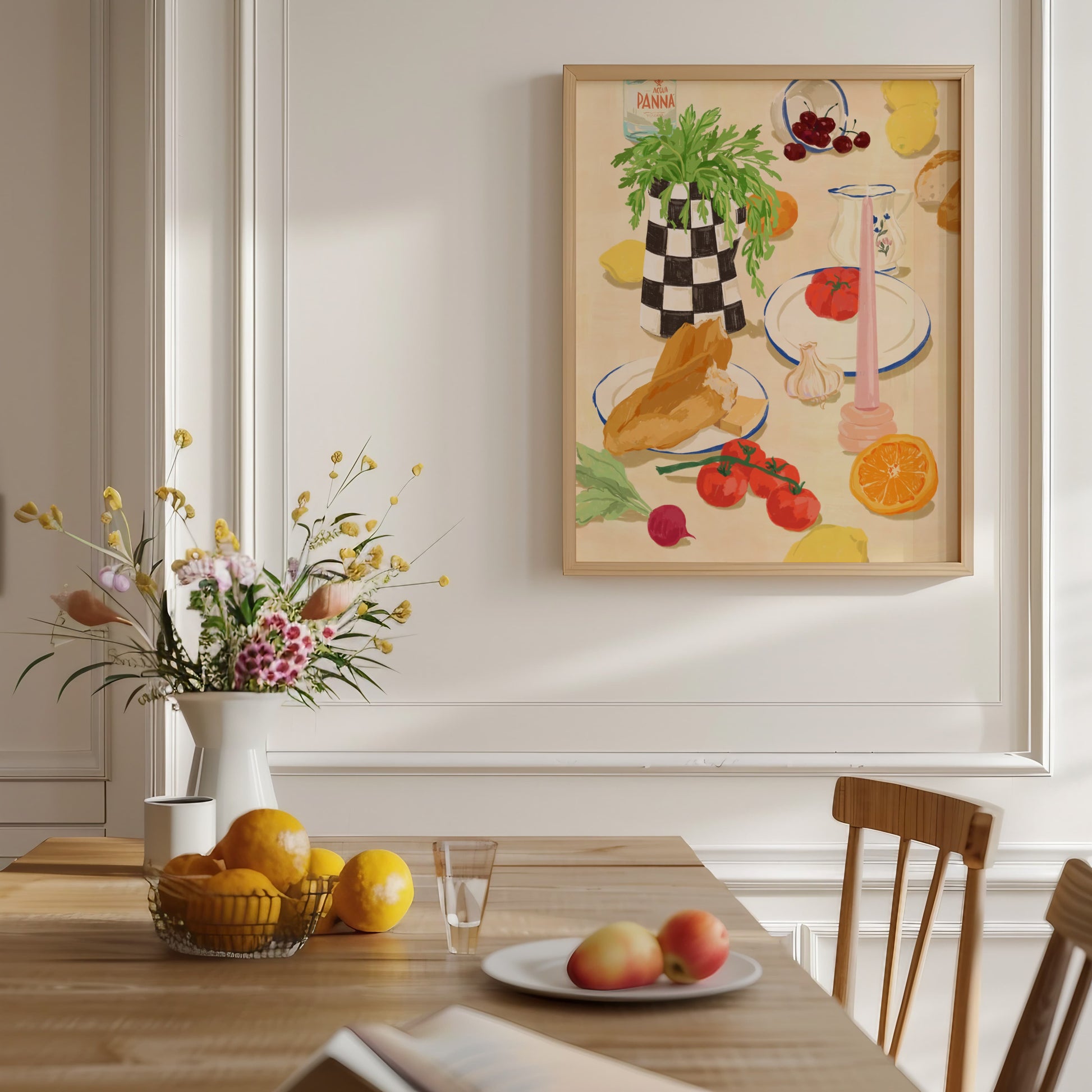 French-inspired still life artwork featuring a checkered vase, bread, tomatoes, and citrus fruits.

