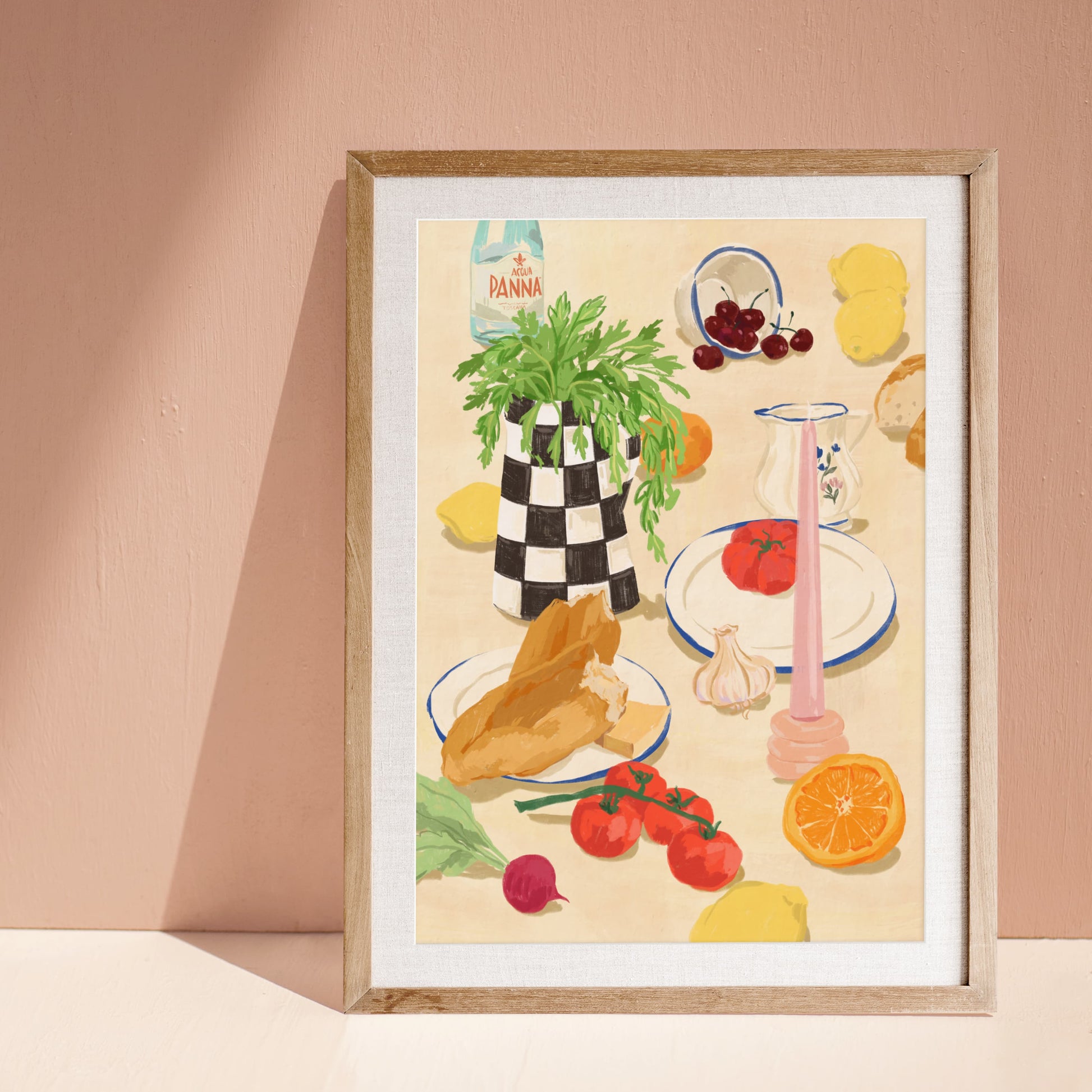French-inspired still life artwork featuring a checkered vase, bread, tomatoes, and citrus fruits.

