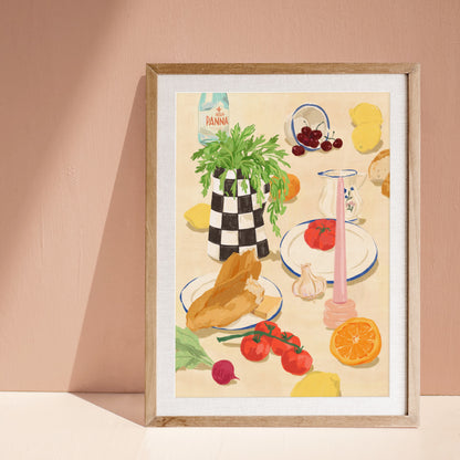 French-inspired still life artwork featuring a checkered vase, bread, tomatoes, and citrus fruits.

